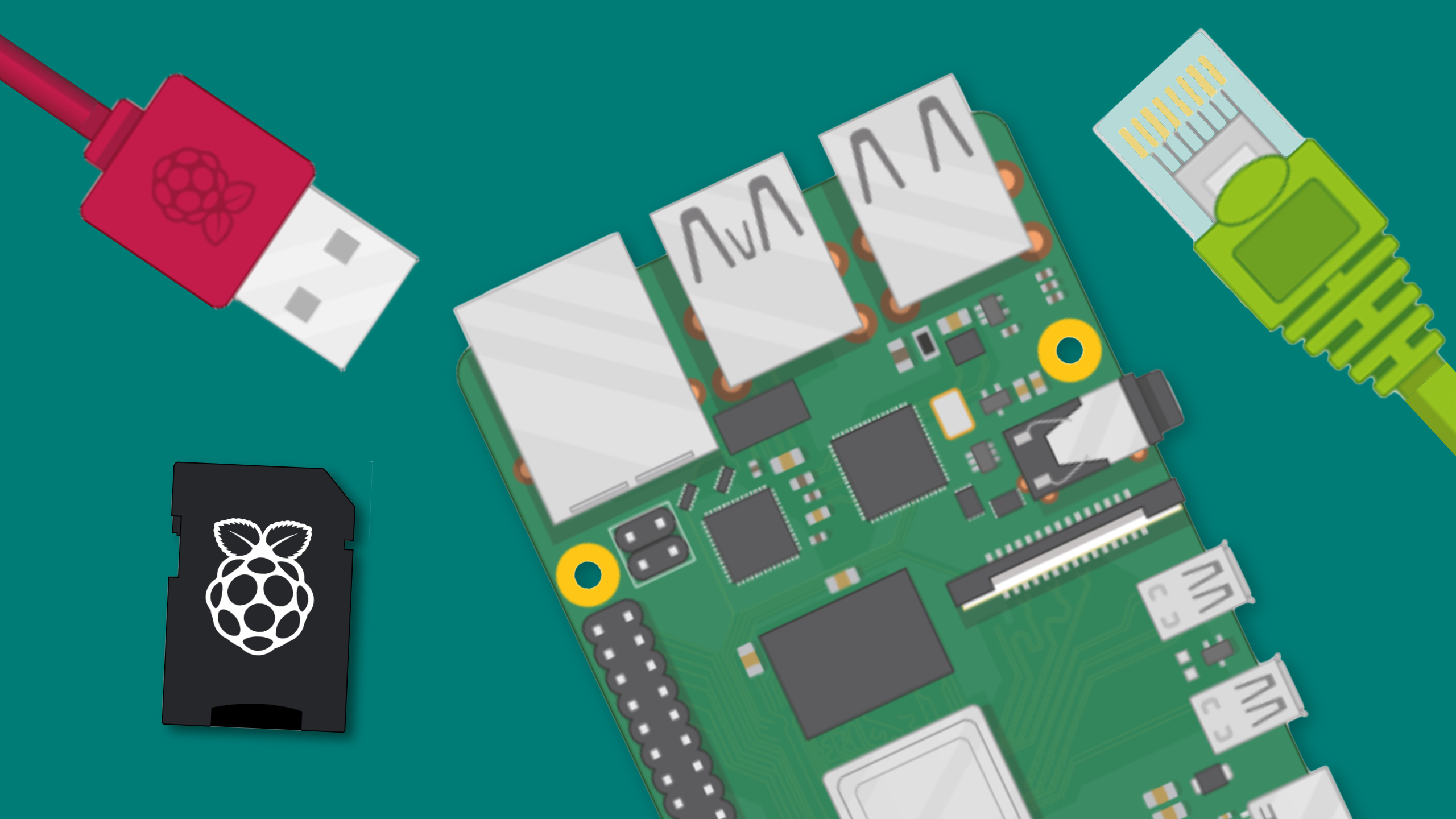 A sketch image of a Raspberry Pi mother board with an sd card and cables around it