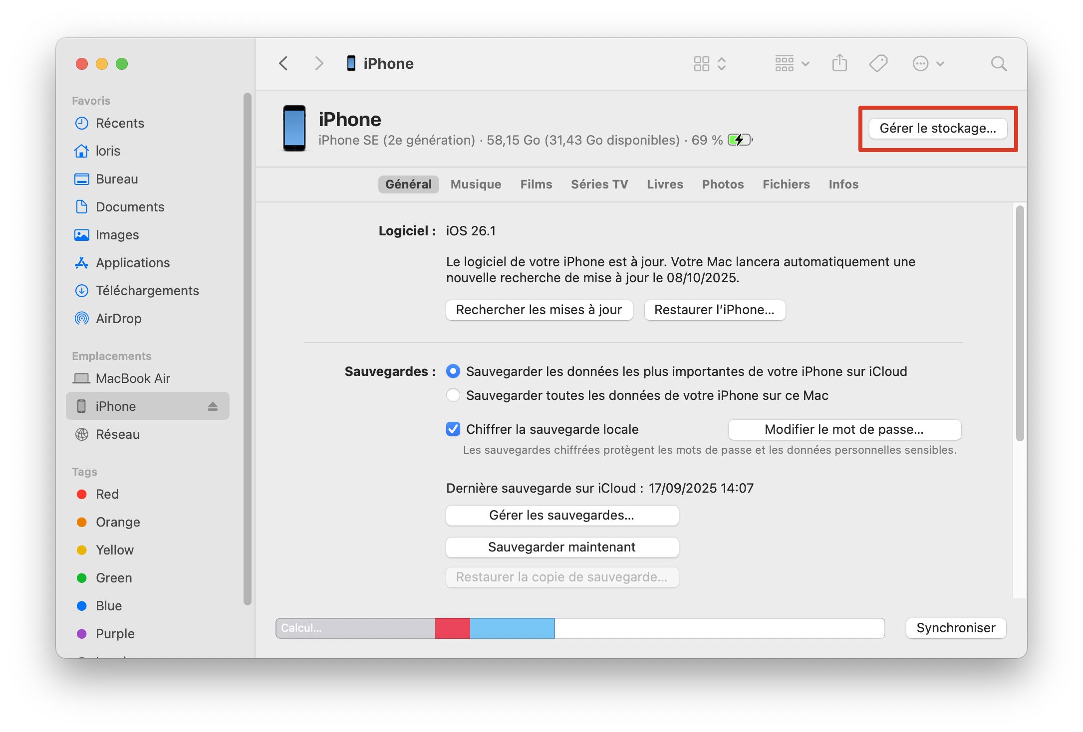 A screen capture of the Finder showing the manage iPhone storage button
