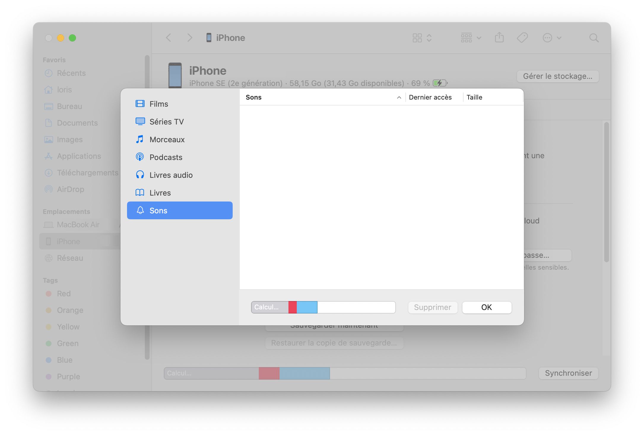A screen capture of the Finder showing where to upload custom sounds