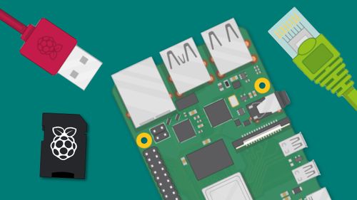 A sketch image of a Raspberry Pi mother board with an sd card and cables around it