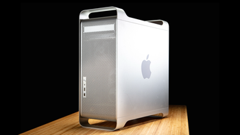 An aluminium Power Mac G5 with a black background
