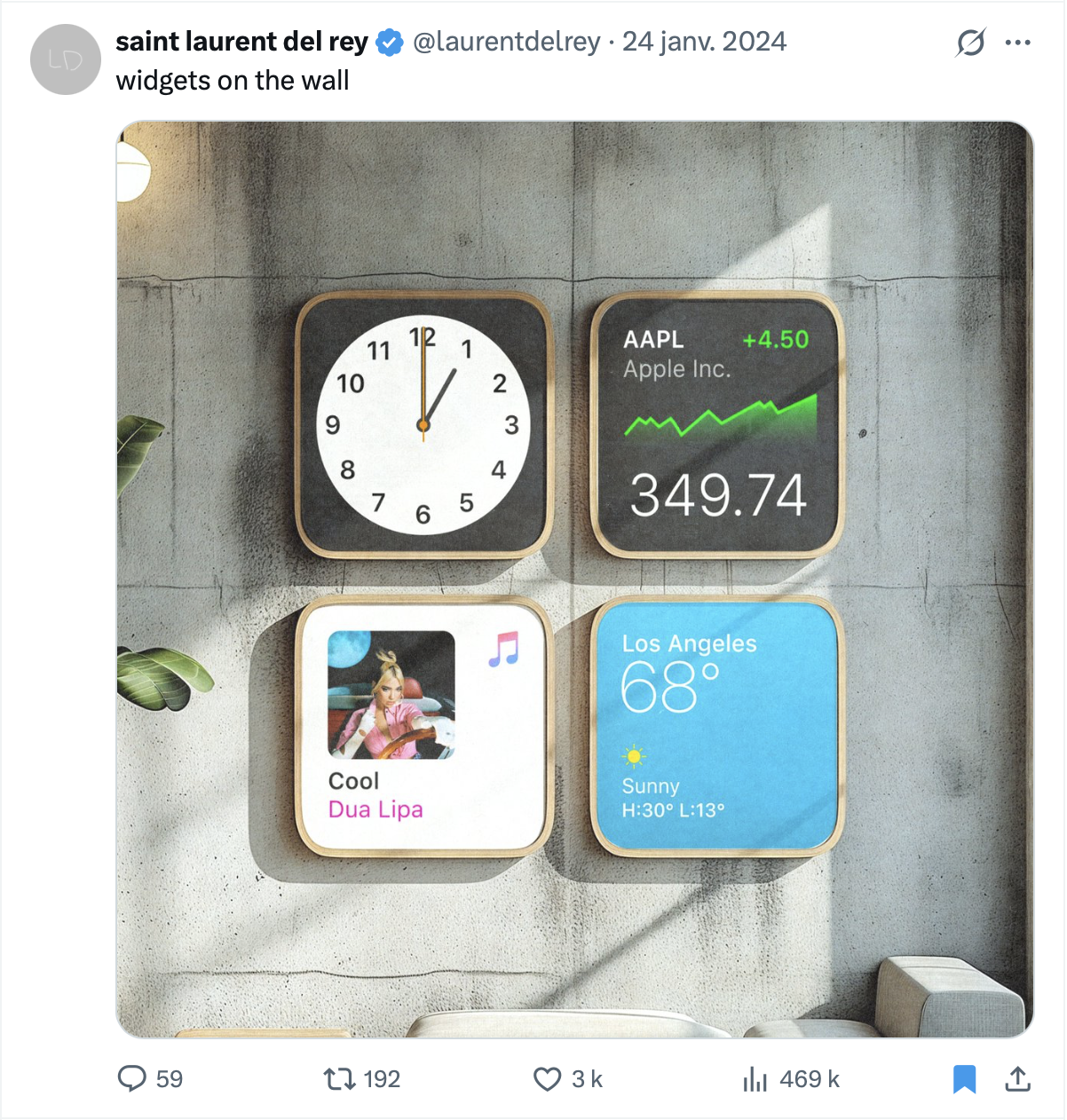 the tweet with an ai generated image showing iphone widgets on a wall