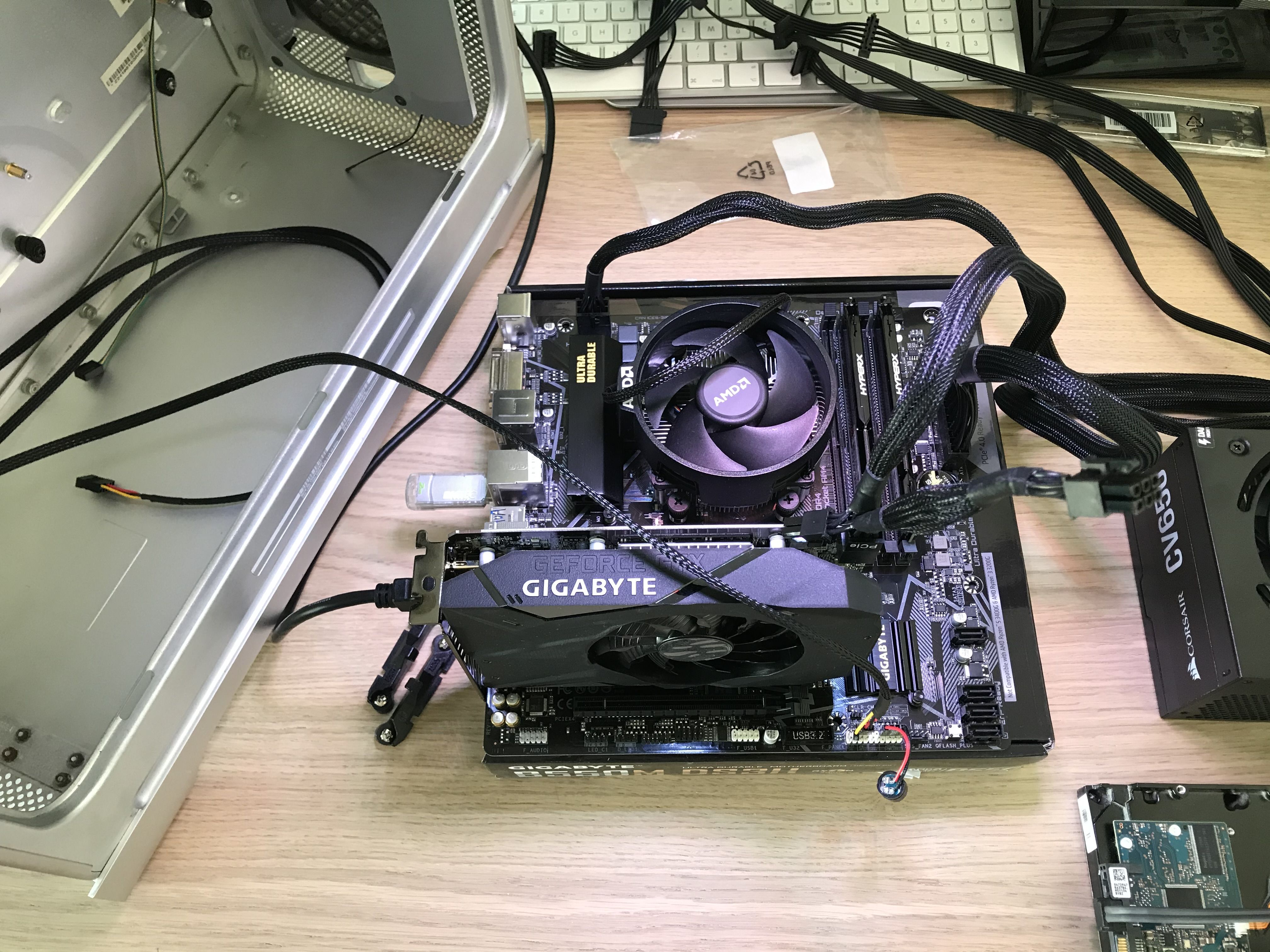 closeup view of the mother board with everything connected to it