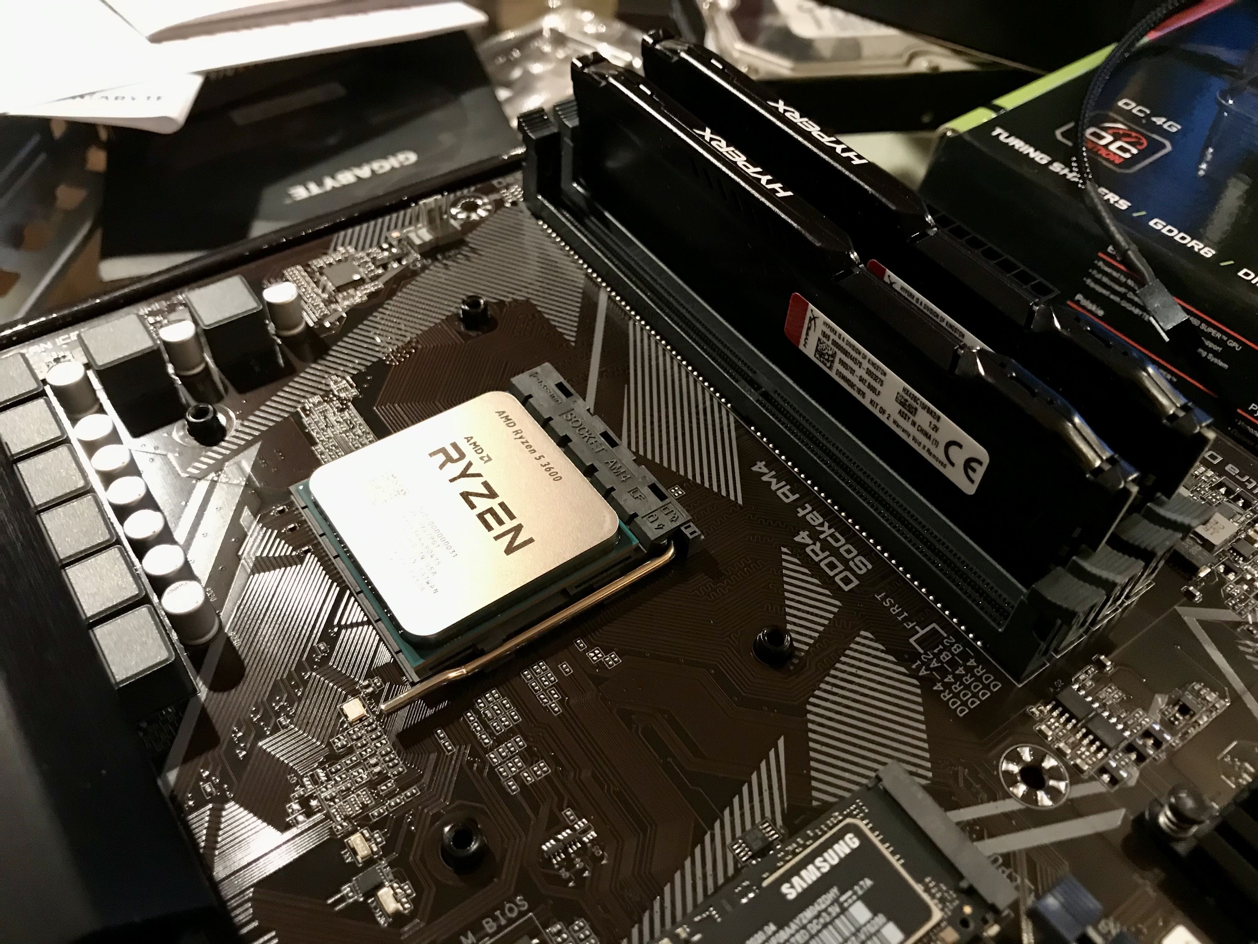 a closeup view of the Ryzen 5 processor installed on the motherboard